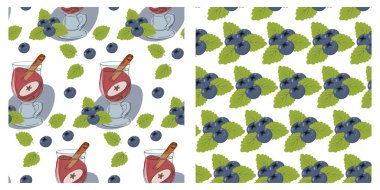 Buzlu şarap Tarçın çubuğu, cam bardak meyveleri ve yaban mersinli, dikişsiz desen, sonbahar arkaplanını ayarlar. İzole Vektör illüstrasyonu Tematik Kartları Paketleme Duvar Kağıdı veya Web tanıtım afişi, etiket, gönderme