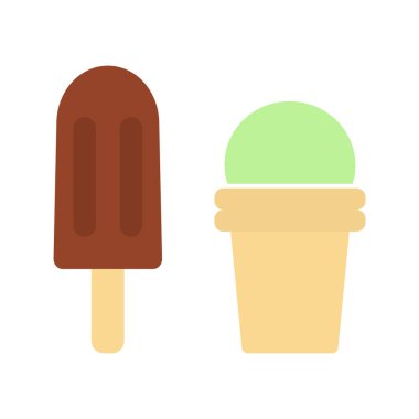 Çikolatalı dondurma ve Pistachio Cone Tatlısı. Simge Logosu veya Dünya Dondurma Günü element kavramı. İzole vektör illüstrasyon tematik kartlar, yaz ziyafeti tatlı menüleri, kafe reklamları ve atıştırmalık reklamları.