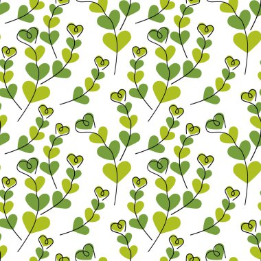El çizimi Kalp şekilli dallar tek renkli yeşil desenli bahar ya da St. Patrick Platformu. İzole Vektör illüstrasyonu Davet Kartları Duvar Kağıdı veya tanıtım afişi, broşür, poster