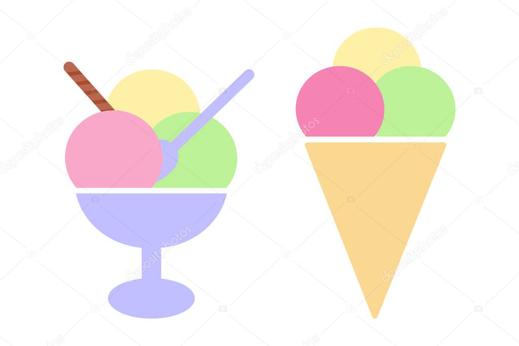 Various Ice Cream scoops in bowl and Ice Cream cone Sticker Icon Minimalist design idea Set elements. Isolated Vector illustration World Ice Cream Day Thematic cards Logo, branding, ads, price, labels