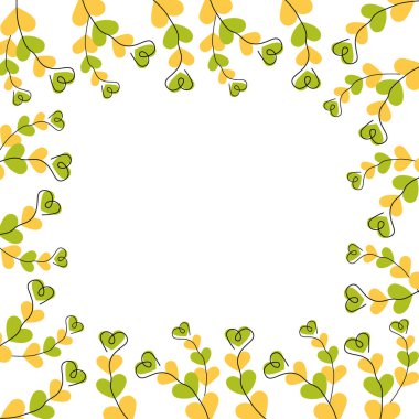 Yeşil ve sarı kalp şeklindeki ana hatlar kare kare çerçeve sınır kopyalama uzay şablonu. İzole Vektör İllüstrasyonu Mevsimlik Kartlar Posteri veya İnternet tanıtım afişi, broşürler, fiyat etiketi