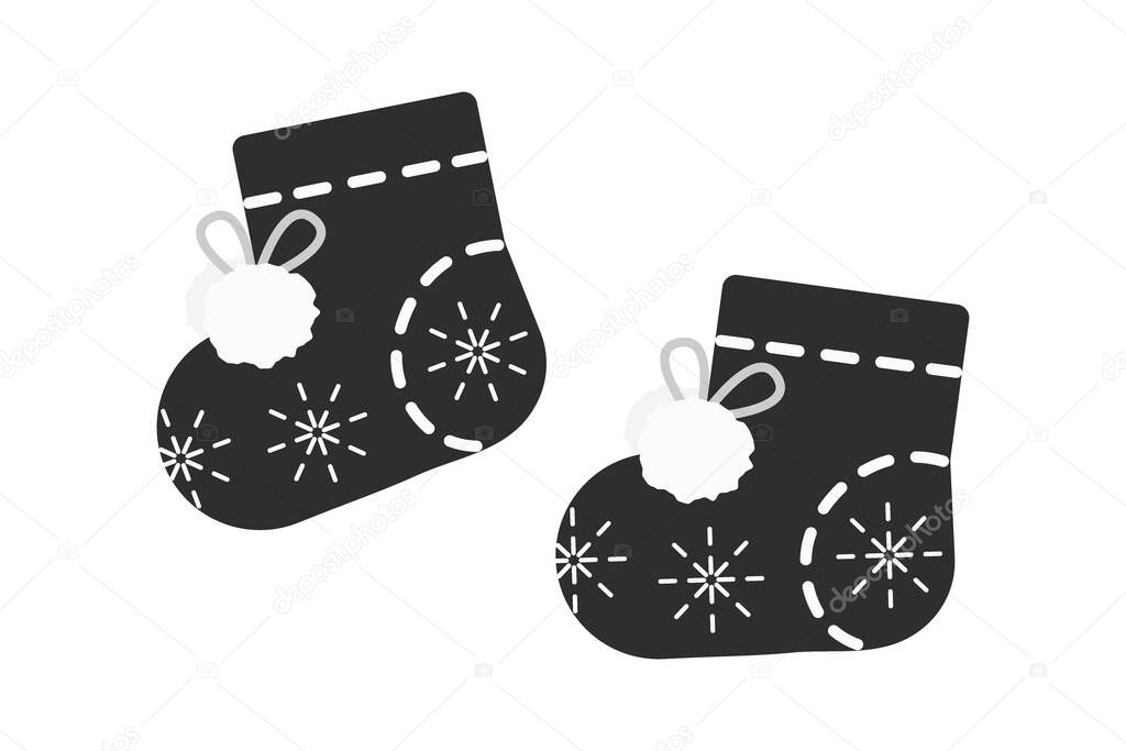 Knitted Booties with buboes and snowflakes pattern in grayscale Sticker Icon Logo Cards element idea. Isolated Vector illustration Thematic Invite Party Cards or web promo banner, leaflet, poster, tag