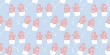 Kar taneli eldivenler ve ipte kürk, dikişsiz desenli, modaya uygun, yumuşak pembe, mavi kış düşkünü. İzole Vektör illüstrasyonu Mevsimsel Tematik Giysi Kartları Marka Arkaplan Fiyat etiketi, Tanıtım etiketi