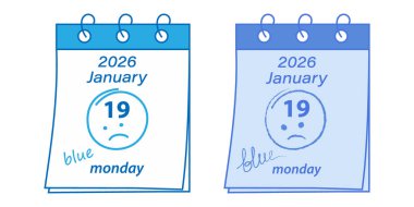 2026 Ocak 19 Takvim sayfaları Mavi Pazartesi Seti 'nde mavi ve hüzünlü metin ifadeleriyle çizilmiş. İzole Vektör illüstrasyon Tematik Motivasyon Kartları, poster veya web tanıtım afişi, broşürler, paylaşımlar