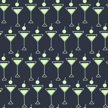 Üçgen martini bardakları ve kirazlı simgesiz arka plan. Koyu üzerine açık yeşil. İzole Vektör illüstrasyonu İçecek Menüsü Kartı Arkaplan Duvar Kağıdı gönderimi, reklam afişi, broşür