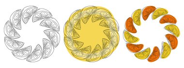 Ana hatları Freehand Citrus Dilimleri Dairesel Çerçeve Kenar Kopyalama Uzayı Şablonu Üç Tasarım Fikri. İzole Vektör illüstrasyonu Mevsimlik Menü Kartları, fiyat etiketleri, etiketler veya tanıtım afişi, broşür, etiket