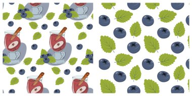 Tarçınlı çubuk sıcak şarap kadehi ve yaban mersini ve nane yaprağı. İzole Vektör illüstrasyonu Mevsimsel arkaplan dokusu Tematik kartlar, meyve etiketleri, tanıtım etiketleri