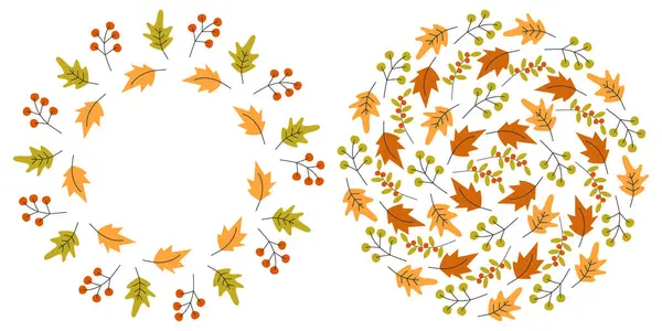 Autumn Leaves and Berries dekoratif çerçeve sınırı ve Cercle Backdrop sezonluk fotokopi uzay şablonu. İzole Vektör illüstrasyon Tematik kartlarını, gönderimi, blog veya web tanıtım afişini, broşürleri, fiyatı ayarla