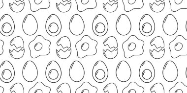 Ana hatlarıyla haşlanmış yumurta ve sahanda yumurta Minimalist Sağlıklı Yeme düşkünü. İzole edilmiş Vektör illüstrasyon Mutfağı ve gıda poster tasarımı, baskı malzemeleri, broşürler, fiyat etiketleri
