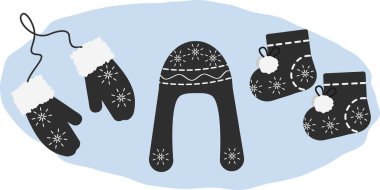 İp üzerinde kürk eldivenler Earflap Hat Cozy paçaları kar taneleri ve dikiş dekorlarıyla Kış aksesuarları. İzole Vektör illüstrasyonu Tematik Kartlar, posterler veya web tanıtım afişi, broşürler, etiketler