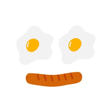 Çizgi film yüzü kızarmış yumurta ve sosisli Doodle resimli kahvaltı sabah tasarımı. İzole Vektör İllüstrasyon Mutfak Afişleri, Kahvaltı veya Menü Kartları, yaratıcı afiş, etiket
