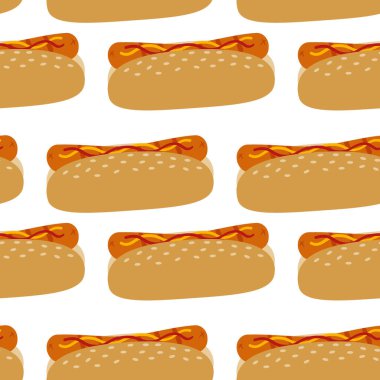 Hardallı ve ketçapsız sosisli sandviç. Fast food veya BBBQ Dokuma Fikri. Münferit Vektör İllüstrasyon Tebrik kartları, promosyonlar, özellikle yaz piknikleri için, barbekü davetleri