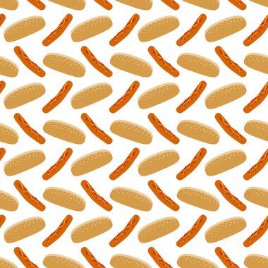 Dondurulmuş sosis, hardal ve ketçap ve susamlı çörek, dikişsiz fast food arka planı. İzole Vektör illüstrasyonu Fast Food Tatil geçmişi, tanıtım afişleri, broşürler, etiketler