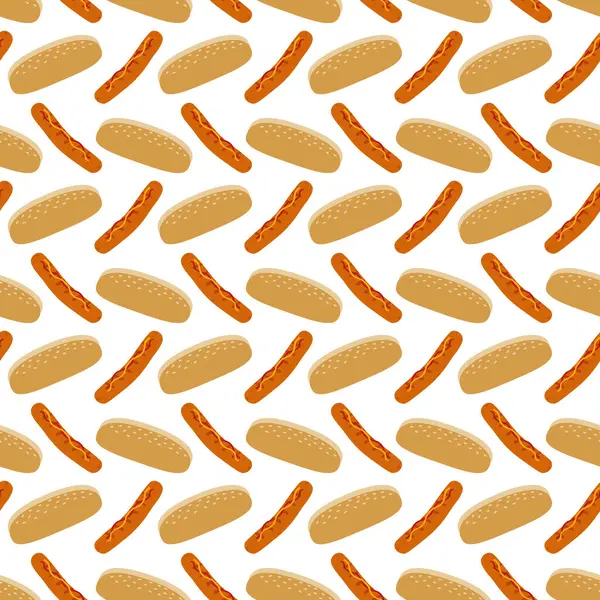 Dondurulmuş sosis, hardal ve ketçap ve susamlı çörek, dikişsiz fast food arka planı. İzole Vektör illüstrasyonu Fast Food Tatil geçmişi, tanıtım afişleri, broşürler, etiketler