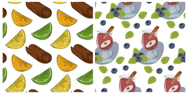 Renkli Citrus Dilimleri ve cam bardakta sıcak şarap. Yanında da yaban mersinli tarçın çubuğu ve dikişsiz desenler. İzole Vektör illüstrasyonunu Sonbahar Kutlama Arkaplan Paket kağıdı veya tanıtım afişi, broşürü olarak ayarla