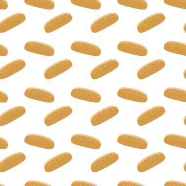 Susam tohumlu el yapımı sosisli çörek. Kusursuz desenli. Ekmek Fırını 'nın tanıtım kampanyası fikri. İzole Vektör illüstrasyon Tematik Kartlar Arka plan Tanıtım afişleri, etiketler, broşürler, fiyat etiketleri