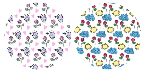 Kalpli Kelebekler, gül rengi güneş ve dairesel arkaplandaki Bulutsuz desenler. İzole Vektör Resimleri İlkbahar Tematik Kartlar, tanıtım afişleri, broşürler, fiyat etiketleri