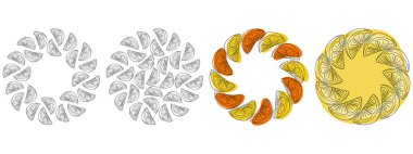 Ana hatlarıyla çizilmiş Citrus dilimleri ve renkli noktalar Çember Çerçeve ve Yuvarlak Arkaplan Paketi. İzole Vektör illüstrasyon Meyveleri veya Konforlu Sonbahar Tematik Kartı Tanıtımcısı, broşürler, fiyat, etiket