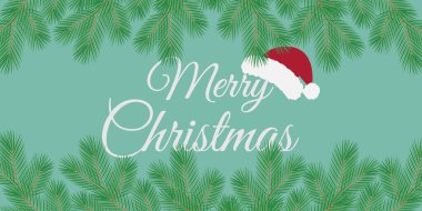 Noel Baba Başlığı ve Çam dallarıyla Mutlu Noeller. Üst Alt Çerçeve Noel kartı tasarımı. İzole Vektör illüstrasyonu Tatil Festivali Tematik Kartları, Sosyal medya veya tanıtım broşürleri