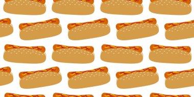 Susamlı sandviç, hardallı sosis ve ketçap şeritli dikişsiz fast food günü meraklısı. İzole edilmiş vektör illüstrasyonu Fast Food Tematik tasarımlar, tebrik kartları, davet, pankart, etiket, etiket