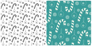 Freehand Çizgili Şeker Çubuğu Noel oyuncakları ve Kar Taneleri Mürekkebi ve Tebeşir Efekti. İzole Vektör illüstrasyonu Noel veya Yeni Yıl Temaları Arkaplan Teması Teması Tebrik kartı, broşür, afiş
