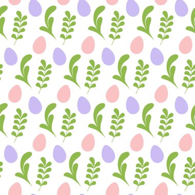 Renkli Paskalya Yumurtaları ve Yaprakları Kusursuz Paskalya ya ya da Bahar Temaları Festivali Fonu. Ayrı Vektör İllüstrasyonu Paskalya tasarımları arka planlar, tebrik kartları, afişler ve şenlikli dekorlar