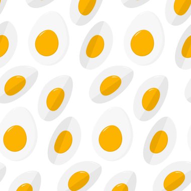 Haşlanmış yumurta ikiye bölünmüş ve dörtte iki oranında minimalist, pürüzsüz Düz Gıda. İzole edilmiş Vektör illüstrasyon Gıda Posteri Arkaplanı veya tanıtım afişi, broşürler, yazıcı materyalleri veya etiket