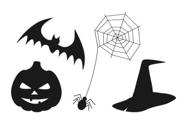 Siluet Cadılar Bayramı Balkabağı Örümcek ve Cadı Şapkalı Cadılar Bayramı öğeleri seti. İzole Vektör illüstrasyon Temaları Kartlar, davetiyeler veya tanıtım afişleri, broşürler, etiket, fiyat, poster