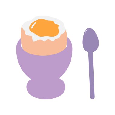 Yumurta kabına elle çizilmiş yumurta ve küçük kaşık izole yiyecek posteri veya tema kartı tasarım elementleri. İzole Vektör illüstrasyonu Dünya Yumurta Günü veya Sağlıklı Yeme Tematik Kartı veya tanıtım afişi, broşür