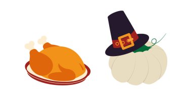 Tabakta Freehand Fried Turkey ve Beyaz Balkabağı Hacı Şapkası İzole Şükran Günü Tasarım elementi. İzole Vektör illüstrasyonu Tema Kartları, parti daveti veya broşürleri, afiş, fiyat, etiket