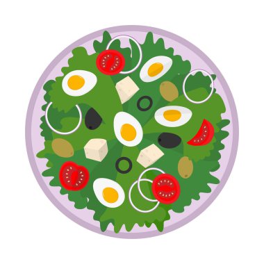 Haşlanmış yumurtalı salata, peynirli peynirli domates dilimleri ve lavanta tabağında yeşil yapraklar. İzole edilmiş Vektör illüstrasyon Yemek afişi Menü kartları veya tanıtım broşürleri, dağıtım afişi, fiyat etiketleri