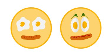 Elle Kızartılmış ve Yard yumurta haşladı. Çember tabakta sosisli yumurta, tatlı yemek, duygusal yumurta günü seti. İzole Vektör illüstrasyon Gıda Posteri veya Menü Kartları element afişi, broşürler, etiketler, fiyat etiketleri