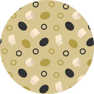 Serbest Koyu ve Yeşil Zeytin Dolu ve Dilimlenmiş ve Çember Arkaplanda Kusursuz Peynir Küpleri Deseni. İzole edilmiş Vektör illüstrasyonu Sağlıklı Yemek veya Menü Kartları Tanıtım afişleri, broşürler, etiketler, fiyat etiketleri