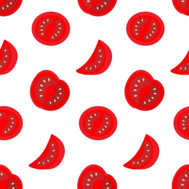 Elle çizilmiş Olgun Kırmızı Domatesler Farklı dilimler Kusursuz Desensiz Renkli Gıda Kartları Tematik Arkaplan. İzole edilmiş Vektör illüstrasyon Gıda Posteri Arkaplanı veya tanıtım afişi, broşür, etiket, sosyal medya paylaşımı