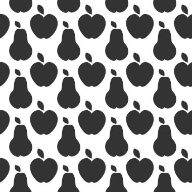 Siluet Elma ve Armut Yapraksız Desen El Sonbahar Meyveleri Minimalist Arkaplan. İzole edilmiş Vektör illüstrasyon Gıda Temaları veya Hasat Temaları Kartları, afiş, broşür, etiket, poster temaları