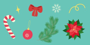 El Çizimi Şeker Çubuğu Poinsettia Kar Taneleri Çam Ağacı Çubuğu Balosu Kurdelesi Noel Tasarım Elementleri Ayarlandı. İzole vektör illüstrasyonu Noel Tatili Tematik Kartlar Sancaklar, broşürler, etiketler, etiketler