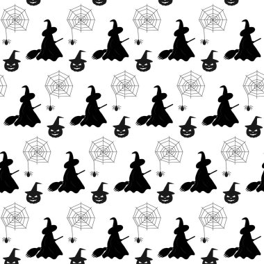 Örümcek ağında süpürge örümceği olan siluetler ve Cadı Şapkalı Cadılar Bayramı Balkabağı desenli. İzole edilmiş Vektör illüstrasyonu Cadılar Bayramı Ürün paketleme etiketleri Arka plan, broşür, afiş, poster, etiket