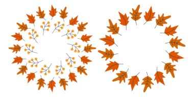 Elle Çizilmiş Sonbahar Yaprakları ve Dal Çemberi Sonbahar Tatili Tebrik Şablonu Boşluğu sınırında. Münferit Vektör illüstrasyonu Şükran Günü Davetiyeleri veya tanıtım kartları, broşürler, etiketler