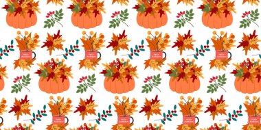 Merhaba Sonbahar Metni ve Sonbahar Yaprakları Kompozisyonu Kusursuz Desensiz Afiş Biçimi ile Kabaklar ve Kupa. İzole Vektör illüstrasyonu Sonbahar Tatil Teması Kartı Arkaplan Partisi daveti veya afişi, broşür