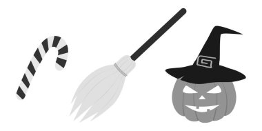 Serbest Çizgili Şeker Çubuğu Süpürgesi ve Cadı Şapkalı Jack Fener Cadılar Bayramı tasarım elementleri. Ayrı Vektör illüstrasyonunu ayarla Cadılar Bayramı Etiketi Simgesi Resim Kartları Davetiyeleri, broşürler