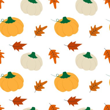 El yapımı sonbahar yaprakları ve balkabakları Kusursuz Desensiz Bayrak Formatı Şükran Günü Tatil Arkaplanı. İzole Vektör illüstrasyonu Sonbahar Tatilleri Paketleme, Etiketleme Arkaplan, Broşürler, Afişler, Fiyat etiketleri