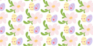 Kalpli Paskalya Yumurtaları Dekoru ve Yumuşak Pembe Çiçekler Kusursuz Afiş Biçimli Paskalya Arkaplanı. İzole Vektör illüstrasyonu Paskalya Tematik Kartları ya da Duvar Kağıdı Arkaplanı ya da afiş, broşür, etiket