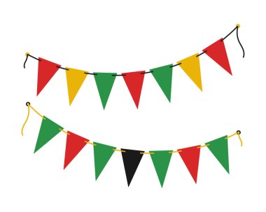 Üçgen Pennant Garland. Geleneksel Afrika tonları setinde Kwanzaa Tatil Festivali Tasarım Ögesi. İzole vektör illüstrasyonu Kwanza Tebrik Kartları Tanıtım Pankartları, broşür, etiket, fiyat etiketi, poster