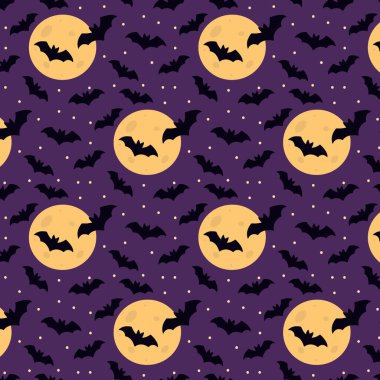 Siluetler dolunaya karşı yarasalar ve Eflatun Arkaplan Kusursuz Şablon Cadılar Bayramı Kutlama Arkaplanı. Münferit Vektör İllüstrasyonu Cadılar Bayramı Tematik Kart Sevenler Partisi Banner 'ı ve broşürleri davet ediyor