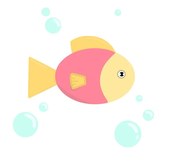 Fish in cartoon style. Illustration for kids, baby. Simple shapes. Pink and gold fish with blue bubbles around it. Cute, minimalistic.