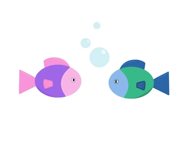 两条鱼相遇了 漫画风格的说明 粉色和蓝色 用泡泡水下生活 形状简单 — 图库照片