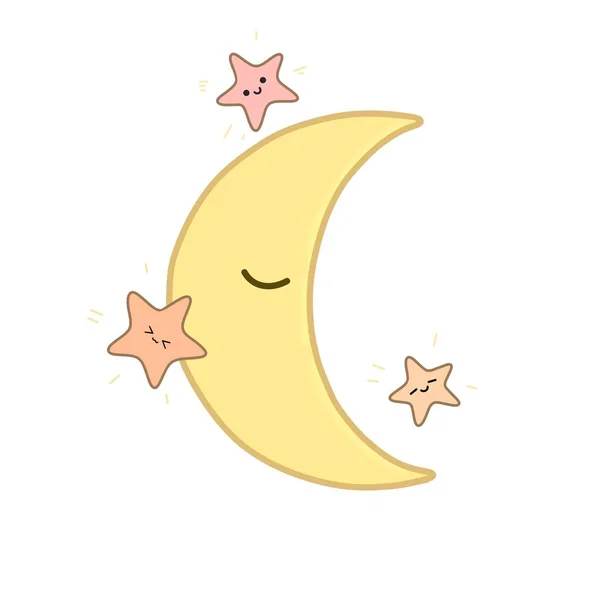 Сплячий Місяць Ілюстрацією Рожевих Зірок Мультиплікаційному Стилі Милий Чарівний Дитячий — стокове фото