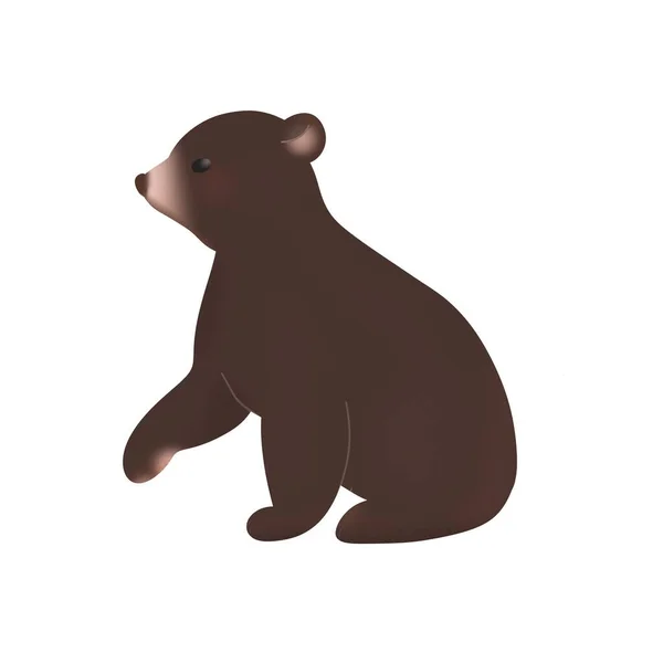 Black bear raised paw. Profile side. Flat illustration of sitting ursus giving paw. Cute, simple drawing of big brown bear.