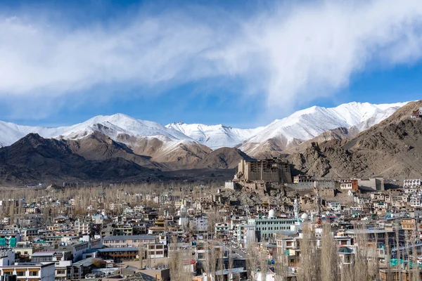stock image Leh, India - April 02, 2023: View of Leh Palace with snow capped mountains in the background
