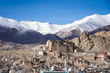 Leh, Hindistan - 02 Nisan 2023: Leh Sarayı ve arka planda karlı dağlar ile şehri görün